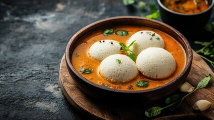 A serving of hot, steaming idlis with sambar, with blank space on the side for copy