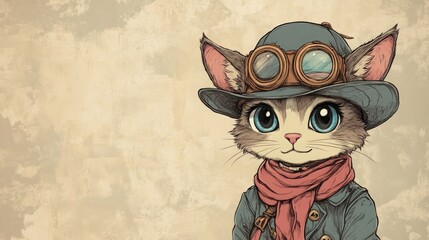 Fototapeta premium A cute cartoon cat wearing a hat, goggles, and a scarf, with a beige background.