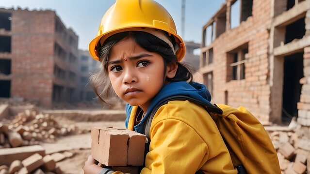 A poor sad little girl with tears in eyes, wearing yellow helmet, carrying heavy bricks on his back, working on a construction site, world day against child labor
