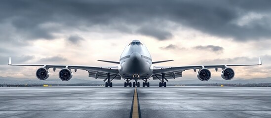 Naklejka premium Airplane Taxiing on Runway with Cloudy Sky
