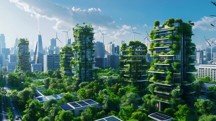 Obraz premium Sustainable Cityscape with Green Buildings and Wind Turbines