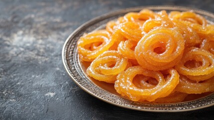 A traditional Indian sweet, jalebi, served on a silver plate with space on the left for copy