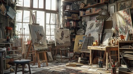 A cluttered artist's studio filled with unfinished paintings and art supplies