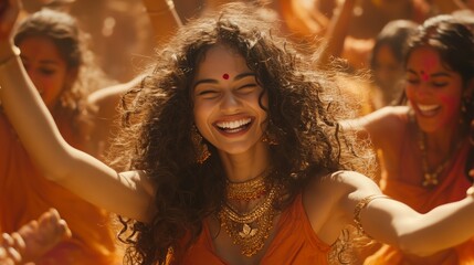 Fototapeta premium An Indian woman with curly hair, wearing an orange sari and jewelry, dancing on the Holi festival.