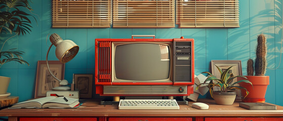 A old television on a desk, vintage feel to it