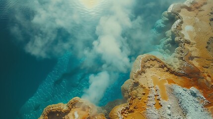 Aerial view of a geothermal hot spring with clear blue waters and steam rising, surrounded by rugged rocky terrain and mineral deposits.