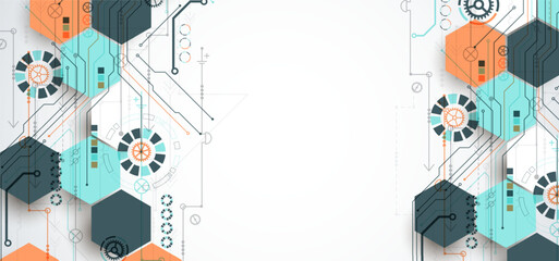 Fototapeta premium Abstract circuit board background with hexagons. Hi-tech digital technology concept. Hand drawn vector.