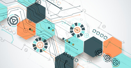 Abstract circuit board background with hexagons. Hi-tech digital technology concept. Hand drawn vector.