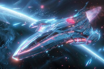 A holographic spaceship, with sleek lines and glowing, transparent surfaces.