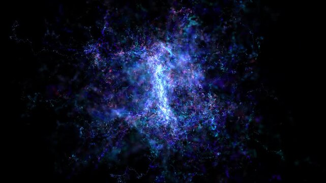 Cloud of moving glowing digital particles appears and disappears on black background. Abstract concept of quantum entanglement, data science, artificial intelligence. Looped video of big data analysis