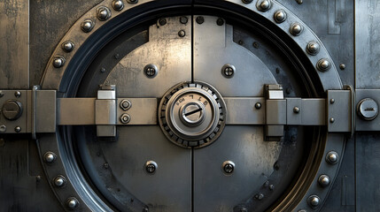 Bank vault door with a combination lock, representing security and protection of valuable assets in banking institutions.