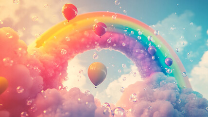 Fototapeta premium Hot air balloons float beneath a colorful rainbow arching over fluffy clouds during a sunny day