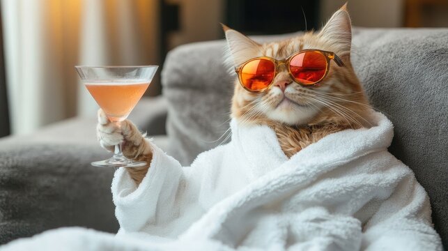A ginger cat wearing sunglasses and a white bathrobe holds a cocktail glass.