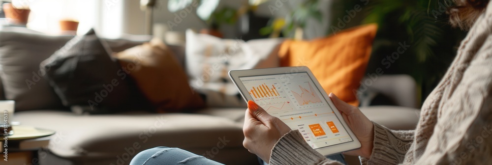 Fototapete a user examines financial data on a tablet display in a warm and inviting living space filled with c