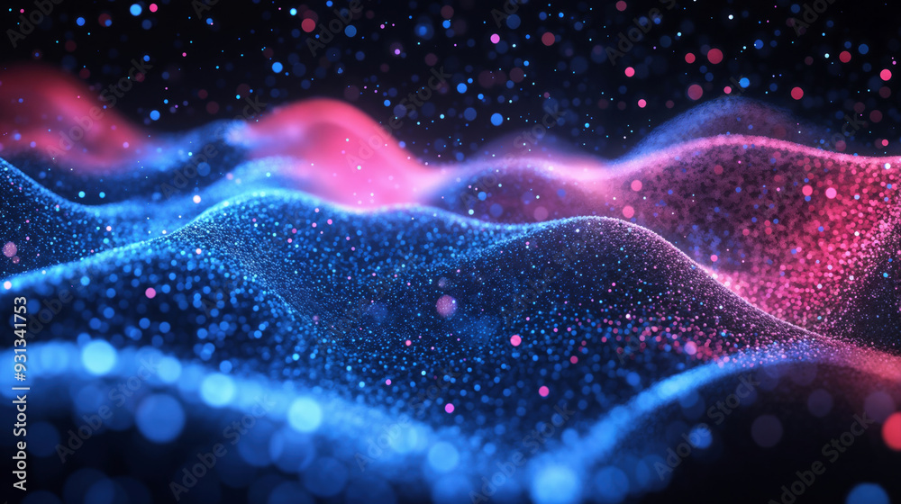 Poster abstract wave of blue and pink particles flowing on dark background. futuristic technology and data 