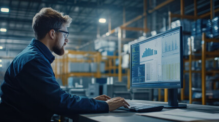 Fototapeta premium Warehouse manager using computer to update