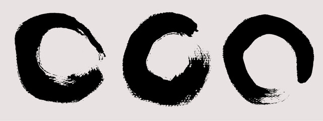 Brush strokes vector. Set of round text boxes and enso shapes. Torn zen circles. Grunge design elements. Dirty brush texture banners. Painted circles