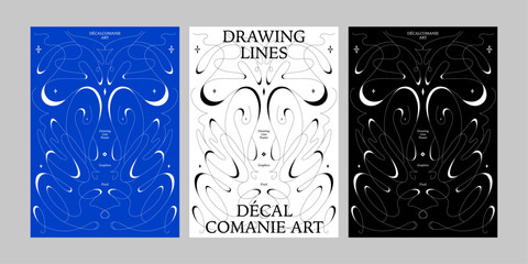 y2k drawing line art décalcomanie poster template doodle rock graffiti groovy curve wave gothic drawn abstract line graphic blue white black acid fluid glitched star diamond line pattern unique style