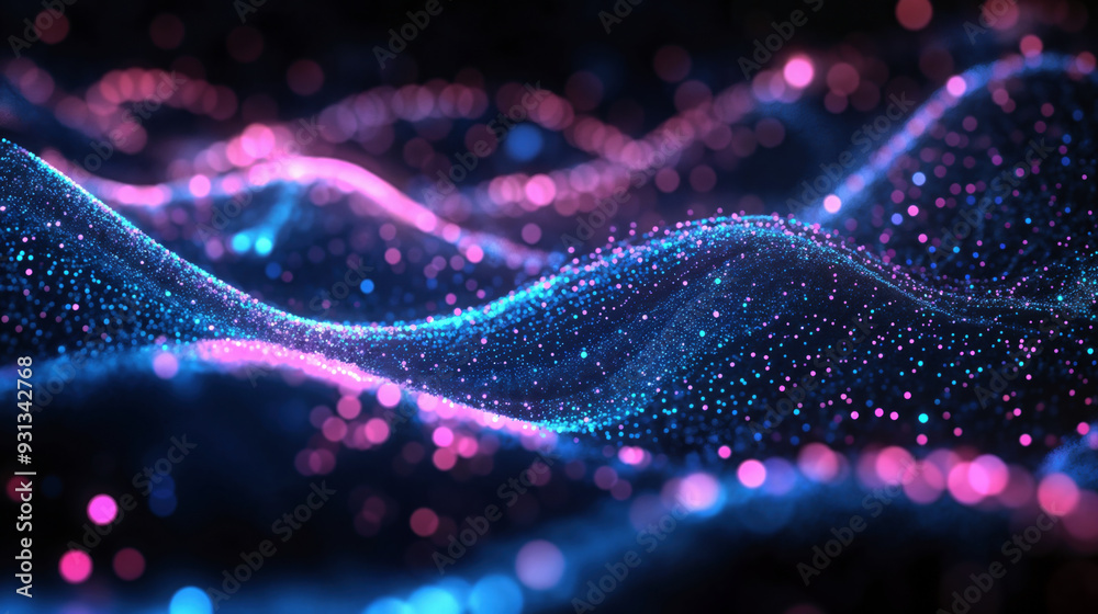 Poster Abstract glowing particles flowing forming a wave of data visualization. Futuristic technology concept. High quality photo