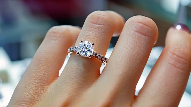 A woman holding an engagement ring at a jewellery store 