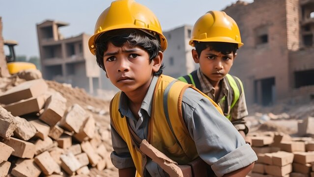 Two poor sad boy with tears in eyes, wearing yellow helmet, carrying heavy bricks on his back, working on a construction site, world day against child labor