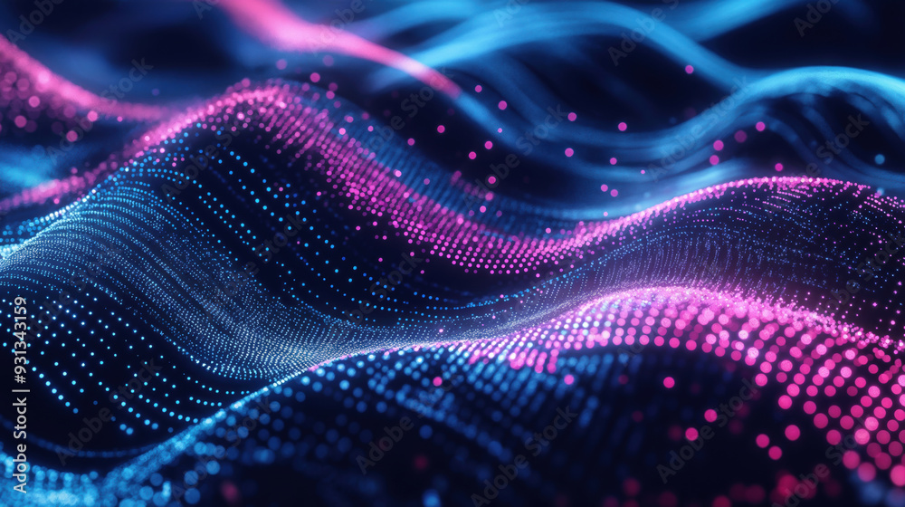 Poster Abstract digital waves of blue and pink particles on a dark background. Futuristic technology and data visualization concept. High quality photo