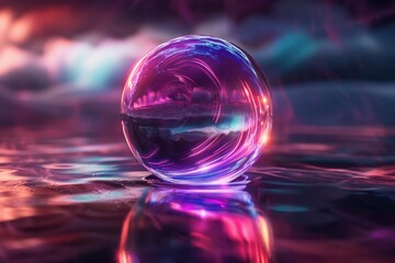 A holographic sphere with swirling neon colors, floating above a reflective surface, casting soft light around