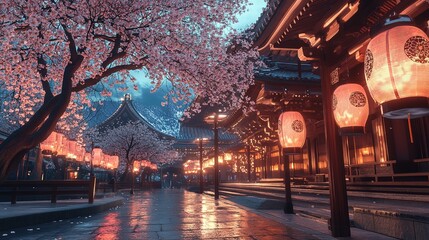 Obraz premium Cherry blossoms bloom near a traditional Asian temple at dusk with lanterns illuminating the scene