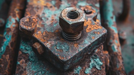 Rusty metal bolt and nut on industrial background with grunge Heavy machine in dirty mechanical construction showing peeling paint and unscrewable
