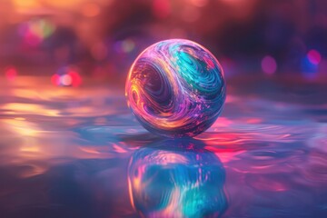 A holographic sphere with swirling neon colors, floating above a reflective surface, casting soft light around