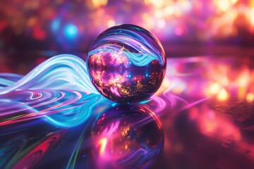 A holographic sphere with swirling neon colors, floating above a reflective surface, casting soft light around