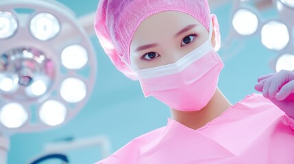A woman in pink surgical gown and mask holding a scalpel, AI