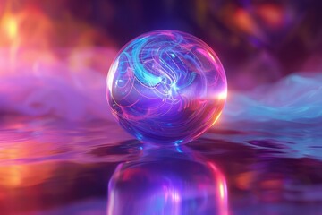 A holographic sphere with swirling neon colors, floating above a reflective surface, casting soft light around