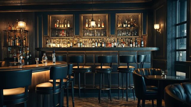 Video animation of interior view of a bar. The setting is sophisticated with a dark color scheme, primarily in shades of blue and black