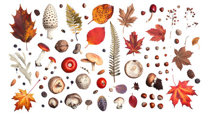 Collection of various autumn objects. Leaves, mushrooms, nuts, fruits etc, isolated on white background