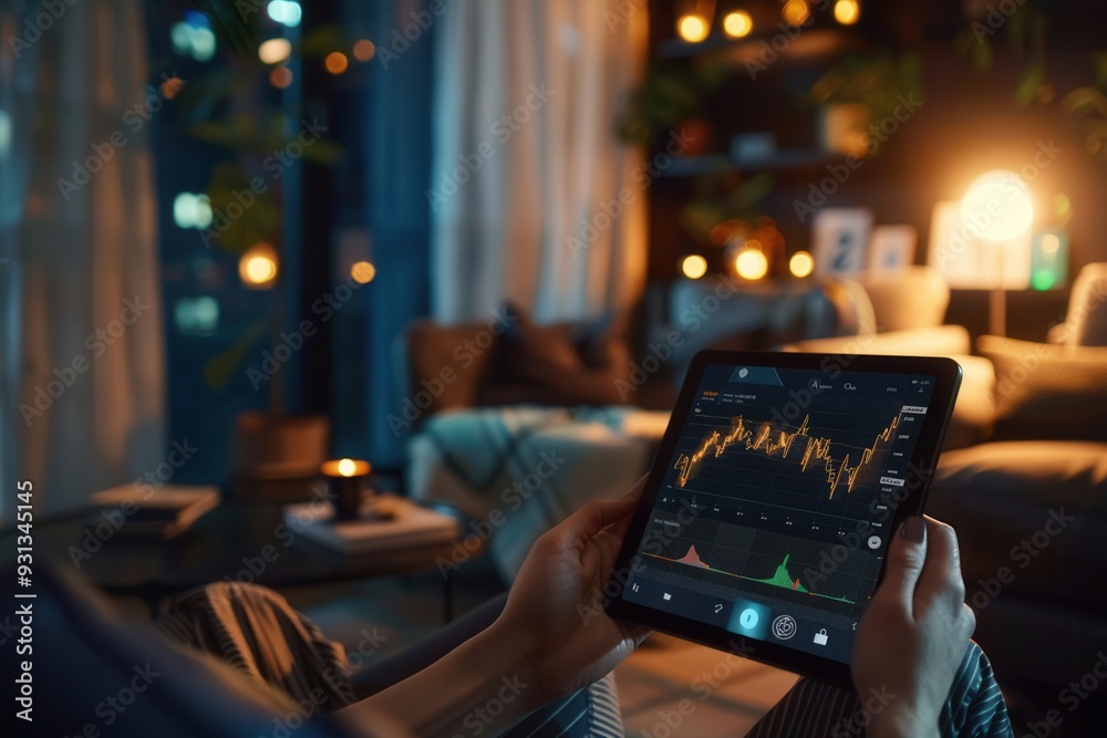 Fototapete a person reviews financial data on a tablet while relaxing in a well-lit, comfortable living space a