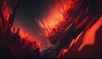 Vibrant abstract composition of swirling red and black clouds illuminated by glowing light