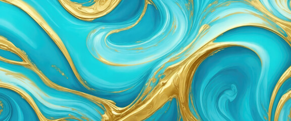 liquid swirls in beautiful Cyan colors with gold powder luxurious oil paint background