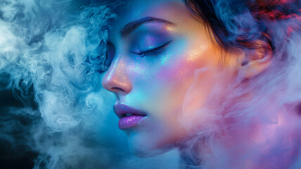 Close-up of a woman’s profile surrounded by vibrant smoke in a dark setting, highlighting colorful illumination reflecting on her skin