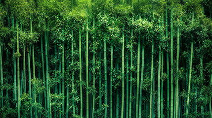 Fototapeta premium A tightly packed wall of bamboo reaching from the ground to the top of the frame, showcasing the rich green hues of the bamboo.