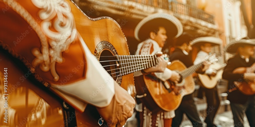 Wall mural mariachi musicians entertain a lively crowd with traditional music during a festive holiday celebrat