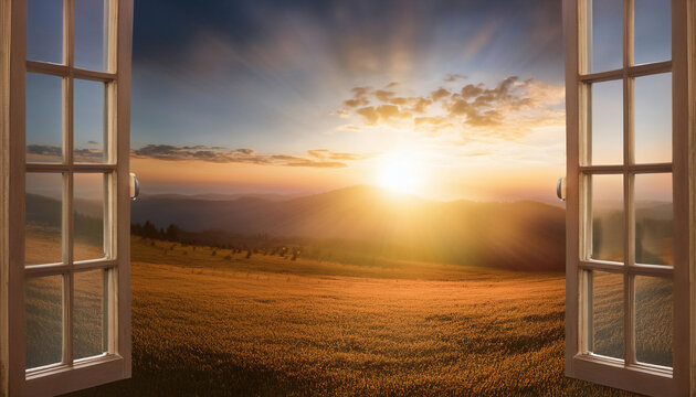 Hope and optimism, featuring symbols like a sunrise, a light beam, and an open window symbolizing new beginnings, positivity, and brighter futures.