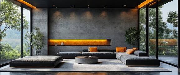 Luxury Black And Dark Gold Interior Living Room With Modern Minimalist Italian Style, Photo Realistic