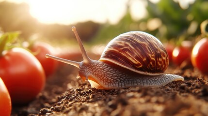 A snail is crawling on the ground in a field of tomatoes, AI