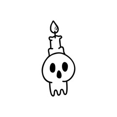 Vector single element of a candlestick in the form of a skull with a burning candle. Hand-drawn clipart in doodle style. For Halloween holiday cards, stickers. Halloween theme.