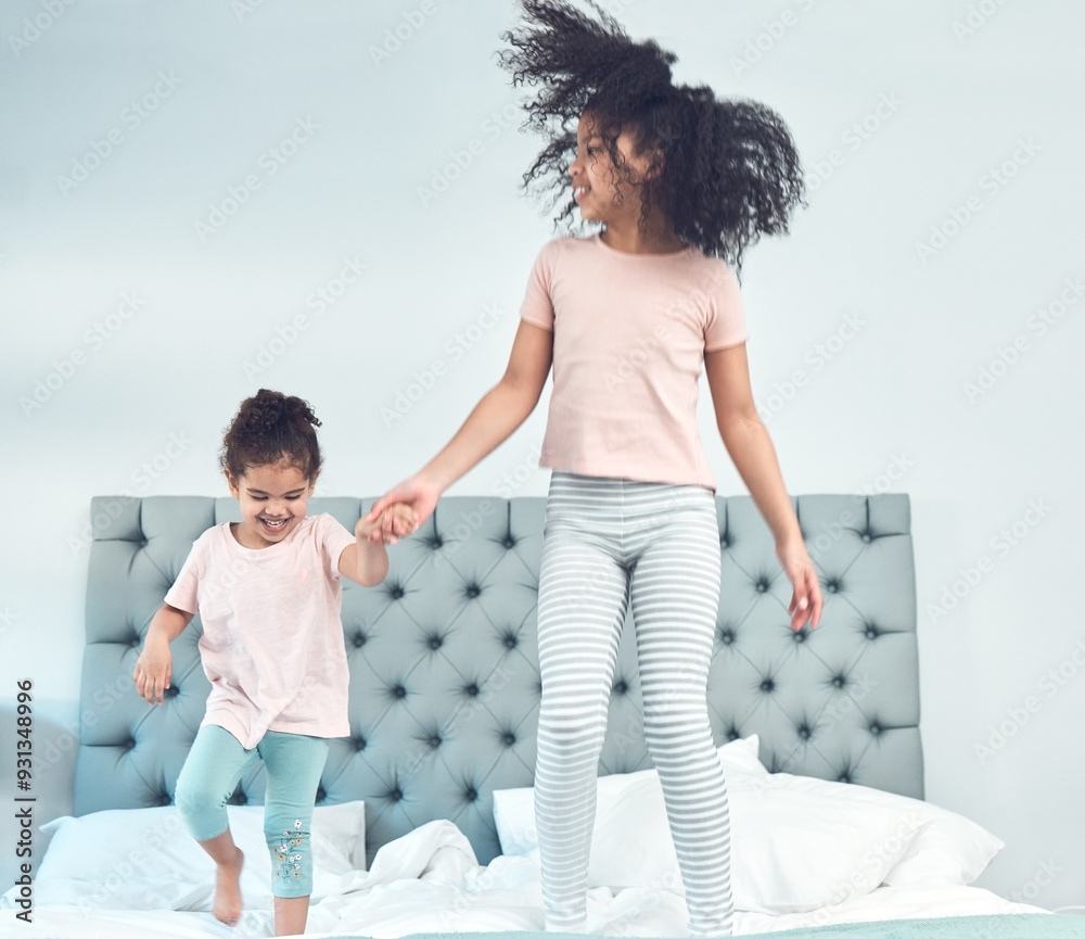 Canvas Prints Happy family, siblings and jumping in bedroom with children, bonding and having fun on weekend in home. People, excited and kids for joy, connection and together as sisters as playful or cheerful