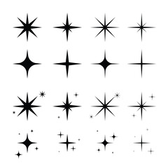 Shine sparkle star icon set. Twinkle star black silhouette for sparkle, glitter light, magic flare effect.