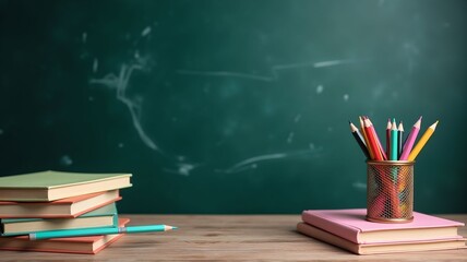 banner 1st september. knowledge day, books, pencils, blackboard, lots of empty space, pastel colors