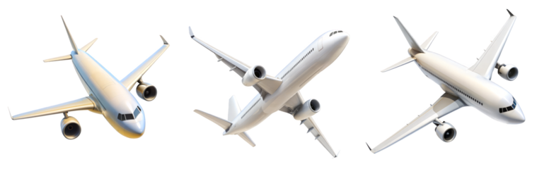 Three Passenger Airplanes Flying in Different Angles on Transparent Background