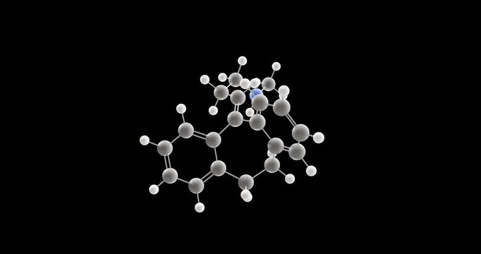 Nortriptyline molecule, rotating 3D model of tricyclic antidepressant, looped video on a black background
